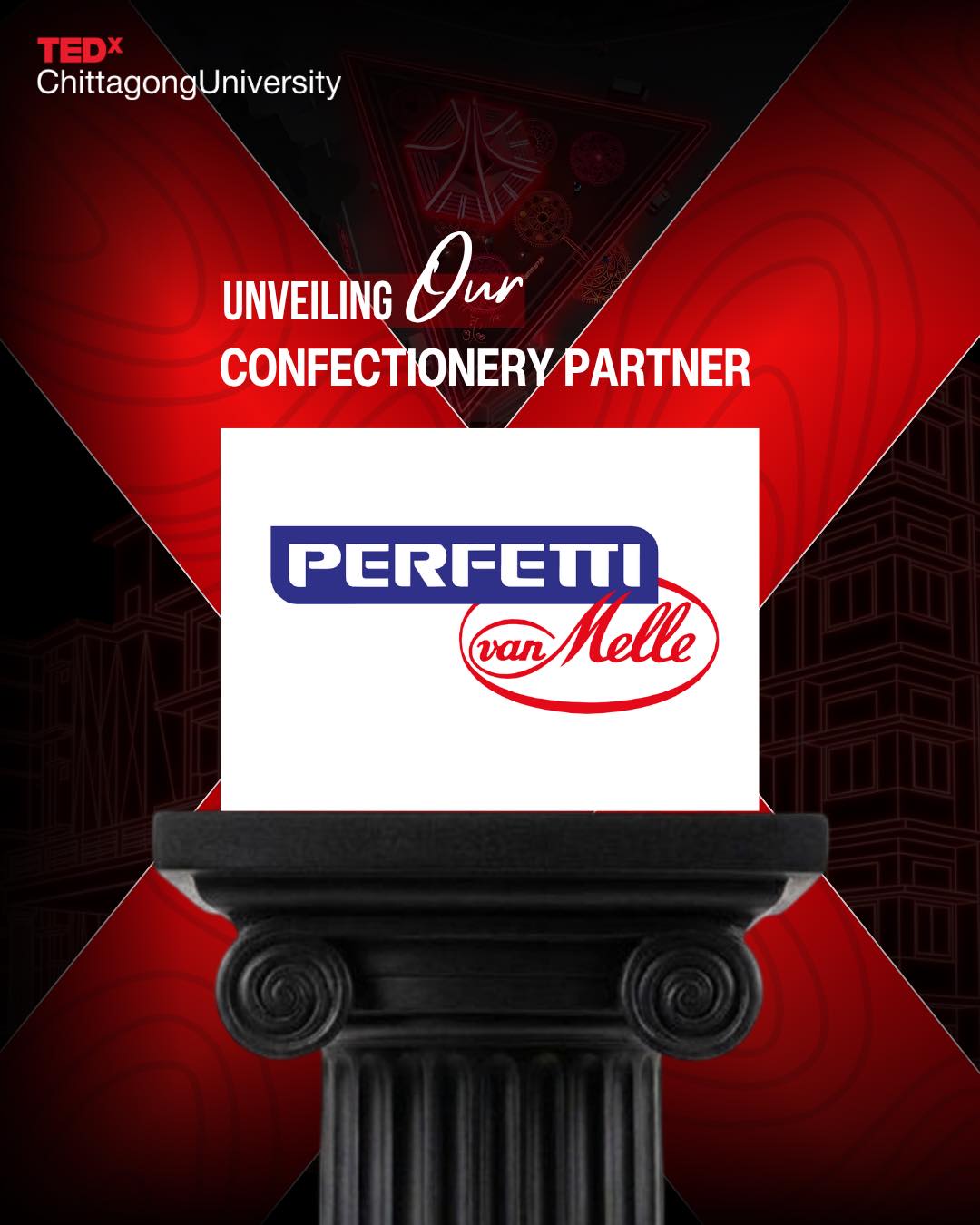 Sponsors TEDxCU 2026 confectionery partner announcement poster featuring Perfetti Van Melle.