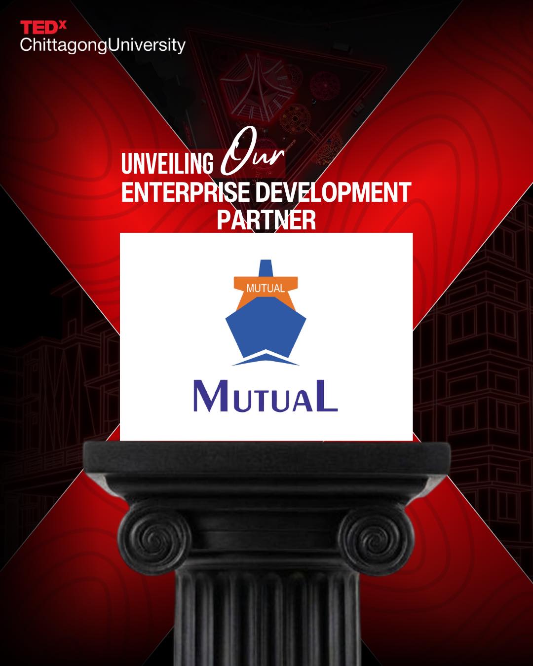 Sponsors TEDxCU 2026 enterprise development partner announcement poster featuring Mutual.