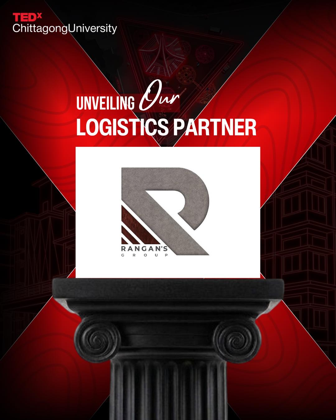 Sponsors TEDxCU 2026 logistics partner announcement poster featuring Rangan's Group.