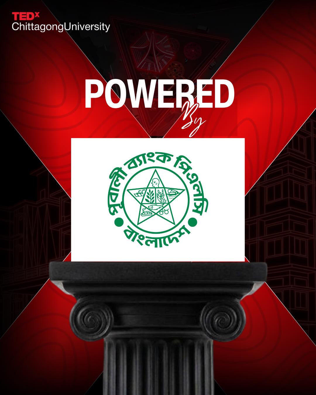 Sponsors TEDxCU 2026 Powered By partner announcement poster featuring Bangladesh Krishi Bank.