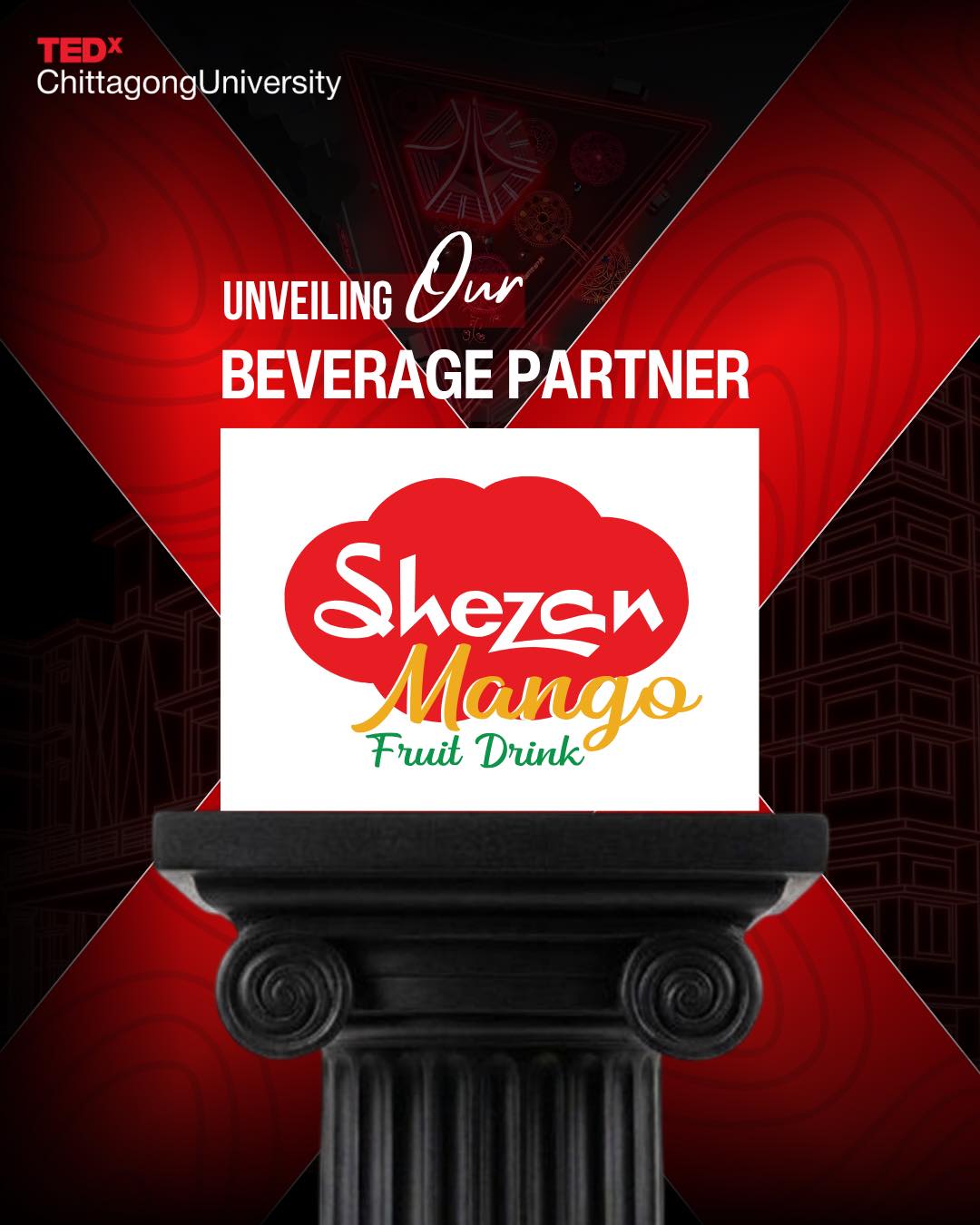 Sponsors TEDxCU 2026 beverage partner announcement poster featuring Shezan Mango Fruit Drink.