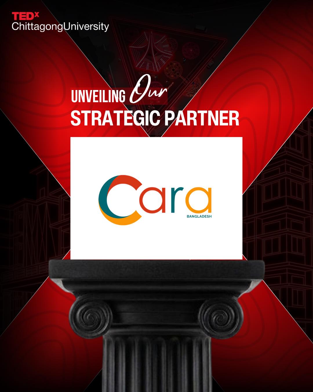 Sponsors TEDxCU 2026 strategic partner announcement poster featuring CARA Bangladesh.
